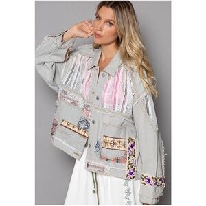 POL Floral Embroidered Button Down Denim Jean Jacket Shacket
